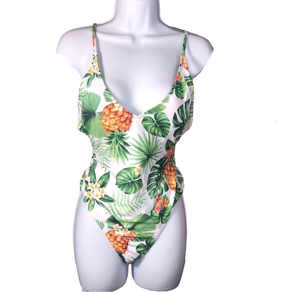 Light Blue Pineapple Tropical Floral One Piece Swimsuit High Cut Legs Size S - Picture 4 of 5